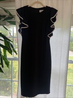 Eliza J Black Midi Dress with White-Trim Ruffle Sleeves